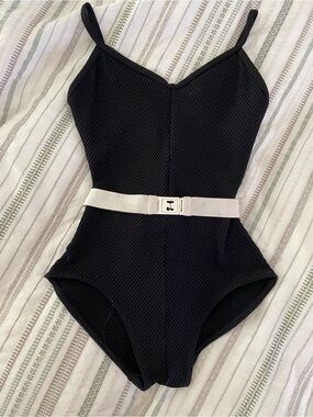 Vintage Mirella Black Ribbed Leotard White Belt Balletcore McBrearty Dance - S